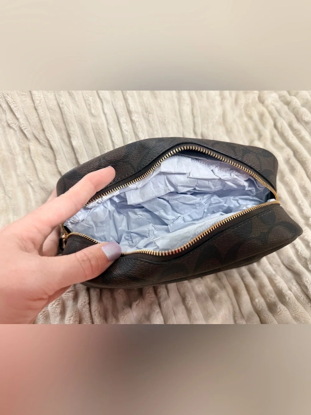 NWT Coach Brown Signature Toiletry Pouch with Gold Logo